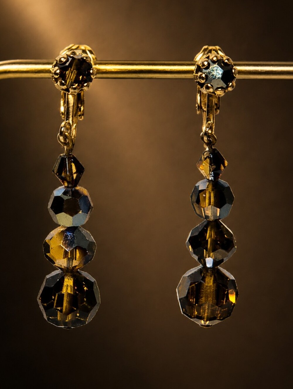 Vintage Gold-Tone Smoky Brown Crystal Drop Clip On Earrings
